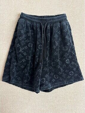 Louis Vuitton Monogram Velour Toweling Shorts Black Drawstring Elastic Waistband